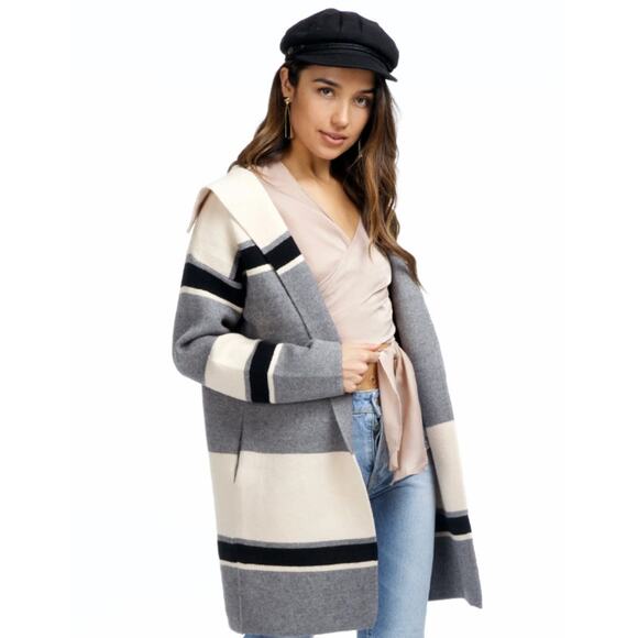 Strut & Bolt Carmine Chunky Knit Cardigan Wool Blend Striped Blanket Sweater - Picture 1 of 13